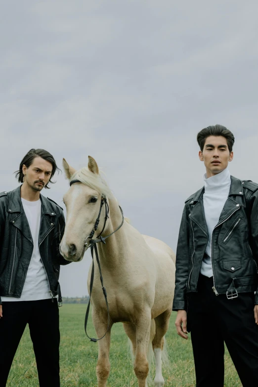 two men standing next to a horse in a field, an album cover, trending on pexels, renaissance, with high cheekbones, leather jackets, transparent background, concert photo