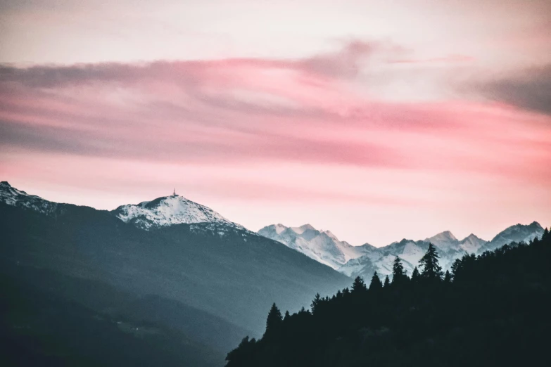 a mountain range with a pink sky in the background, by Niko Henrichon, pexels contest winner, aestheticism, whistler, pink white turquoise, on a canva, multiple stories