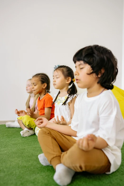 a group of children sitting on top of a green field, meditation pose, indoor setting, eyes closed, carson ellis