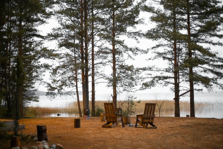 a couple of wooden chairs sitting on top of a grass covered field, by Jaakko Mattila, unsplash, land art, build in a forest near of a lake, fire pit, sparse pine trees, brown