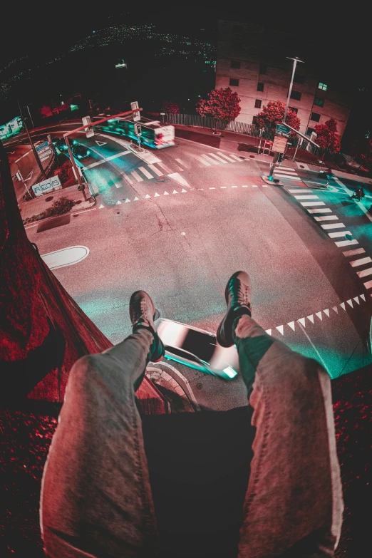 two people sitting at a table with a laptop, inspired by Beeple, unsplash contest winner, standing on street corner, fisheye!!! lens, car jump, high red lights