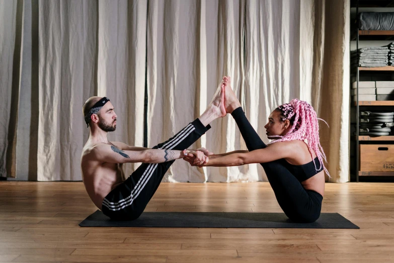 a man and a woman doing yoga together, by Nina Hamnett, arabesque, gen z, holding a pudica pose, uploaded, frontal pose