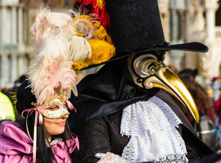 a couple of people that are standing next to each other, by Carlo Martini, pexels contest winner, baroque, plague mask, light pink tonalities, square, feathered headdress