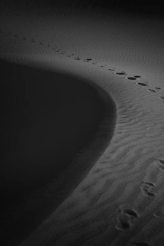 a black and white photo of footprints in the sand, unsplash contest winner, conceptual art, vectorial curves, dusk, hasselblad photography, sahara