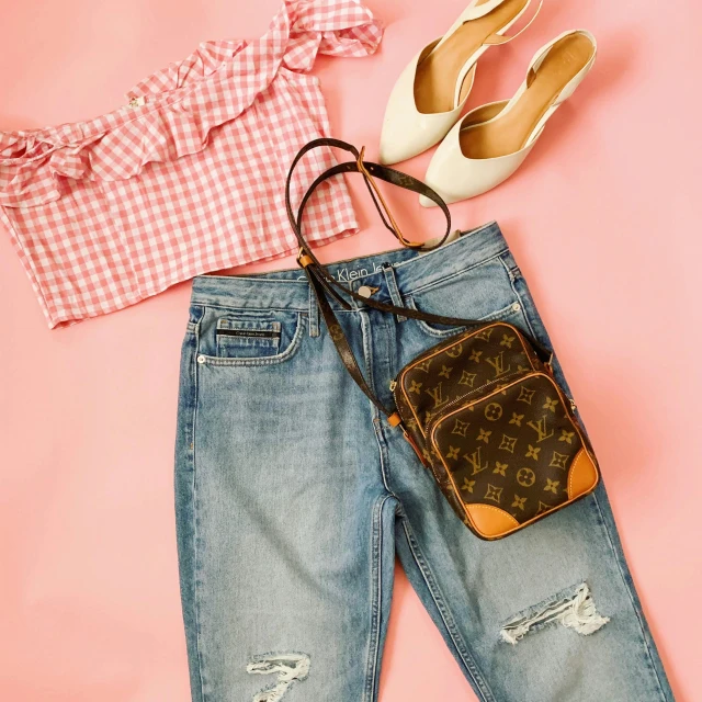 a pair of jeans and a handbag on a pink background, a picture, trending on pexels, renaissance, wearing torn clothes, lv, checkered motiffs, casual summer clothes