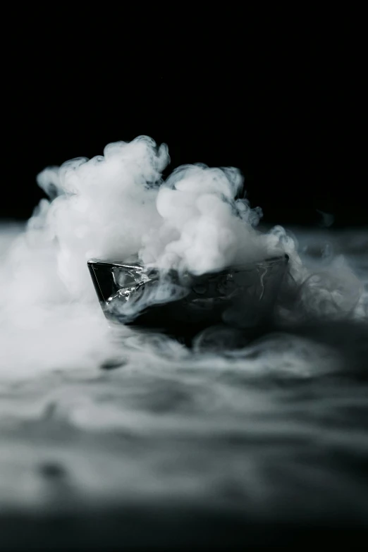 a close up of a boat with smoke coming out of it, inspired by Anish Kapoor, unsplash contest winner, surrealism, cocaine, still life photography, on display ”, liquid cooled