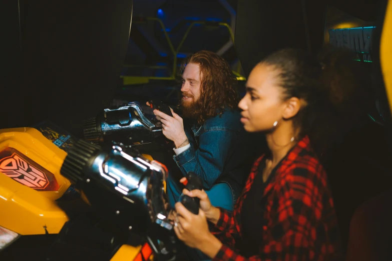 a man and a woman playing a video game, a portrait, by Nick Fudge, pexels, roller coasters, avatar image