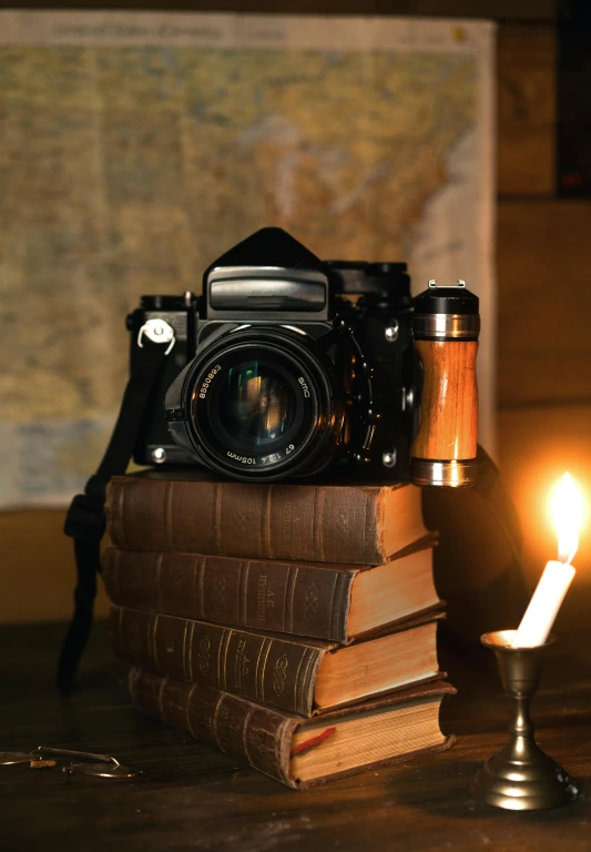 a camera sitting on top of a stack of books next to a candle, explorer, nightcap, on display, film lighting