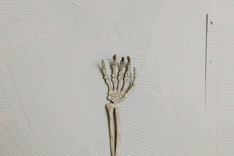 a skeleton hand sitting on top of a piece of paper, hard lines, scaled arm, on a pale background, multiple stories