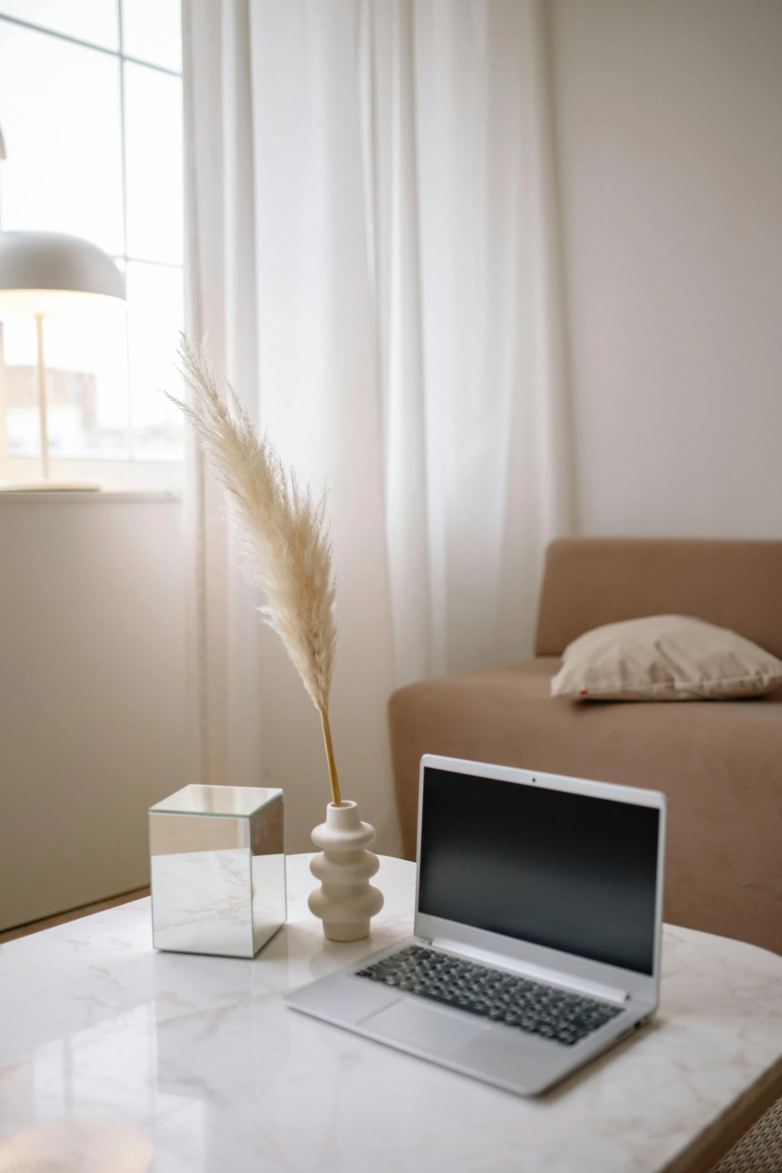 a laptop computer sitting on top of a white table, light and space, light beige pillows, willow plant, sitting across the room, image