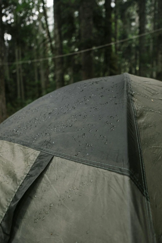 a close up of a tent in the woods, a picture, by Eero Järnefelt, pouring rain, technical detail, back, protect