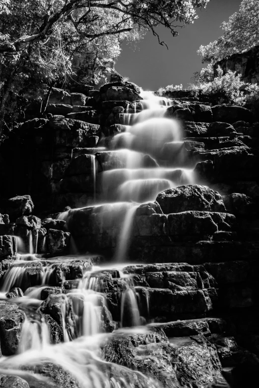 a black and white photo of a waterfall, a black and white photo, inspired by Ansel Adams, process art, paul barson, morning golden hour, fractals!! water, summer morning light