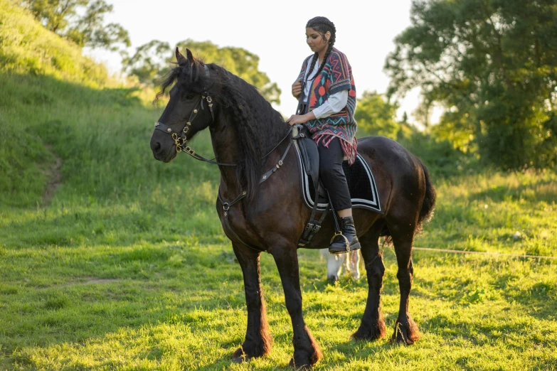 a woman riding on the back of a brown horse, a portrait, unsplash, aboriginal capirote, long black ponytail, sydney park, long hair shawl