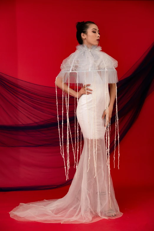 a woman in a white dress standing in front of a red backdrop, an album cover, inspired by Tadashige Ono, conceptual art, wearing organza gown, dripping stalagtites, pose 4 of 1 6, high detailed photography cape