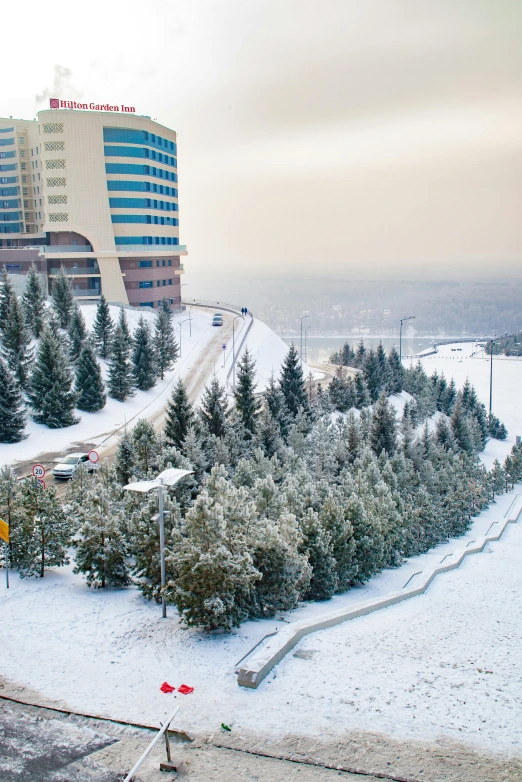 a traffic light sitting on the side of a snow covered road, forest setting with skyscrapers, turkey, research complex, spruce trees