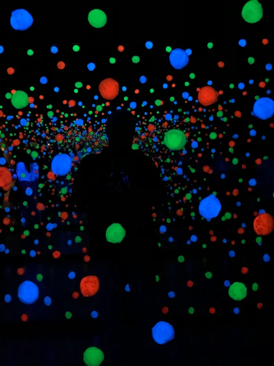 a person standing in a room filled with glowing balls, by Yahoo Kusama, pexels, 2 5 6 x 2 5 6 pixels, alien colors, profile picture, black light