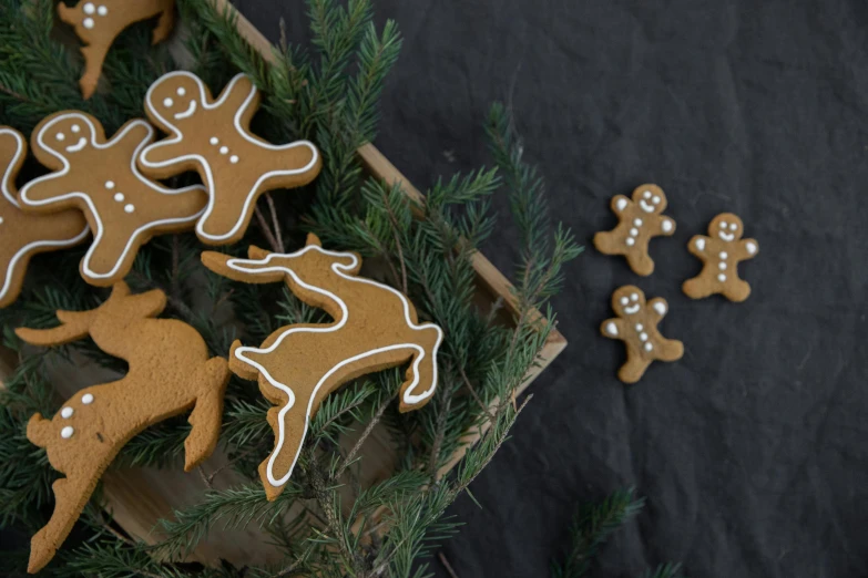 a box that has some cookies in it, pexels contest winner, folk art, deers, ginger, evergreen branches, leaping