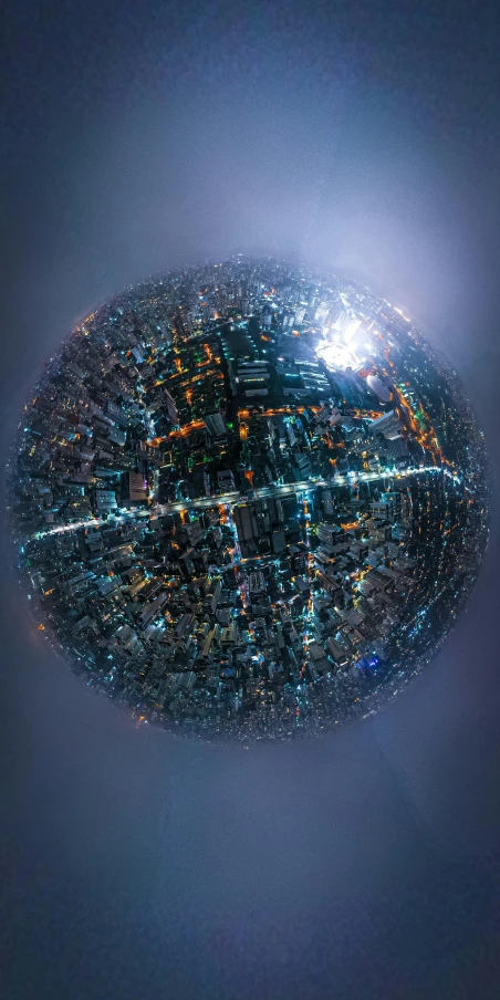 a spherical view of a city at night, an album cover, unsplash contest winner, covered in circuitry, birdseye view, unblur, japonisme 3 d 8 k ultra detailed