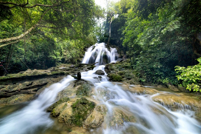 a waterfall flowing through a lush green forest, an album cover, pexels contest winner, sumatraism, thumbnail, malaysian, low ultrawide shot, white water