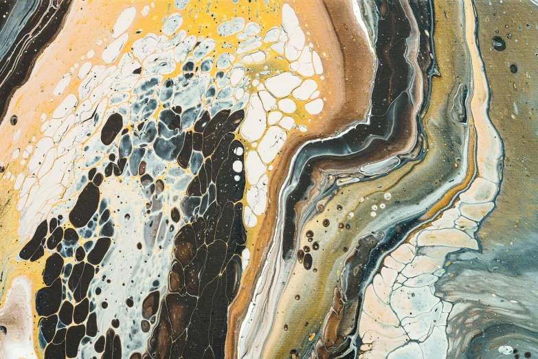 a close up of a painting of a wave, an ultrafine detailed painting, inspired by Patrick Pietropoli, unsplash, lyrical abstraction, ochre, ivory and black marble, paint swirls and phyllotaxis, aerial iridecent veins