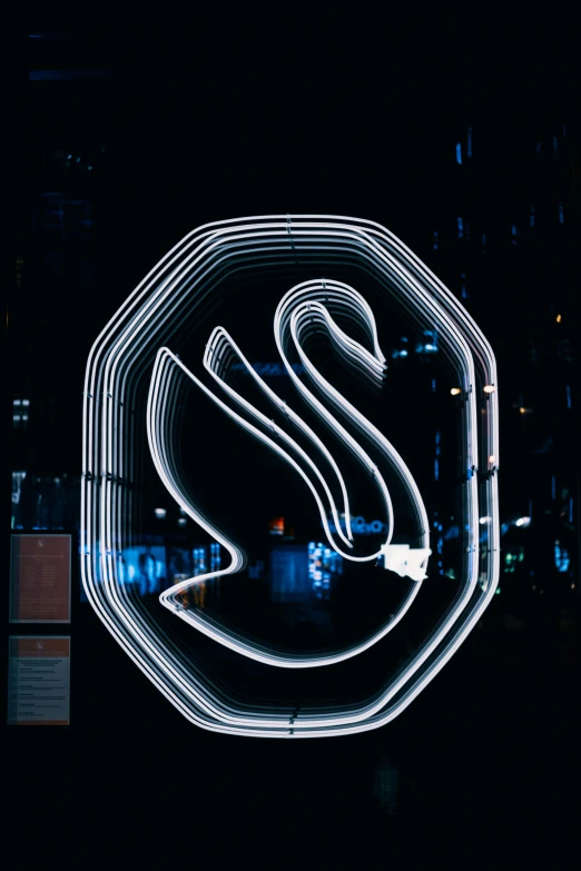 a light painting of a swan in the shape of a stop sign, poster art, by Sam Black, unsplash contest winner, neon lights in the city below, white on black, sydney hanson, icon