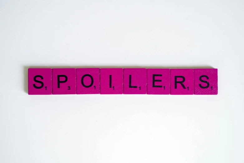a pink scrabble spelling spoilers on a white surface, an album cover, pexels, antipodeans, trolls, neon signs, panel, trending on etsy