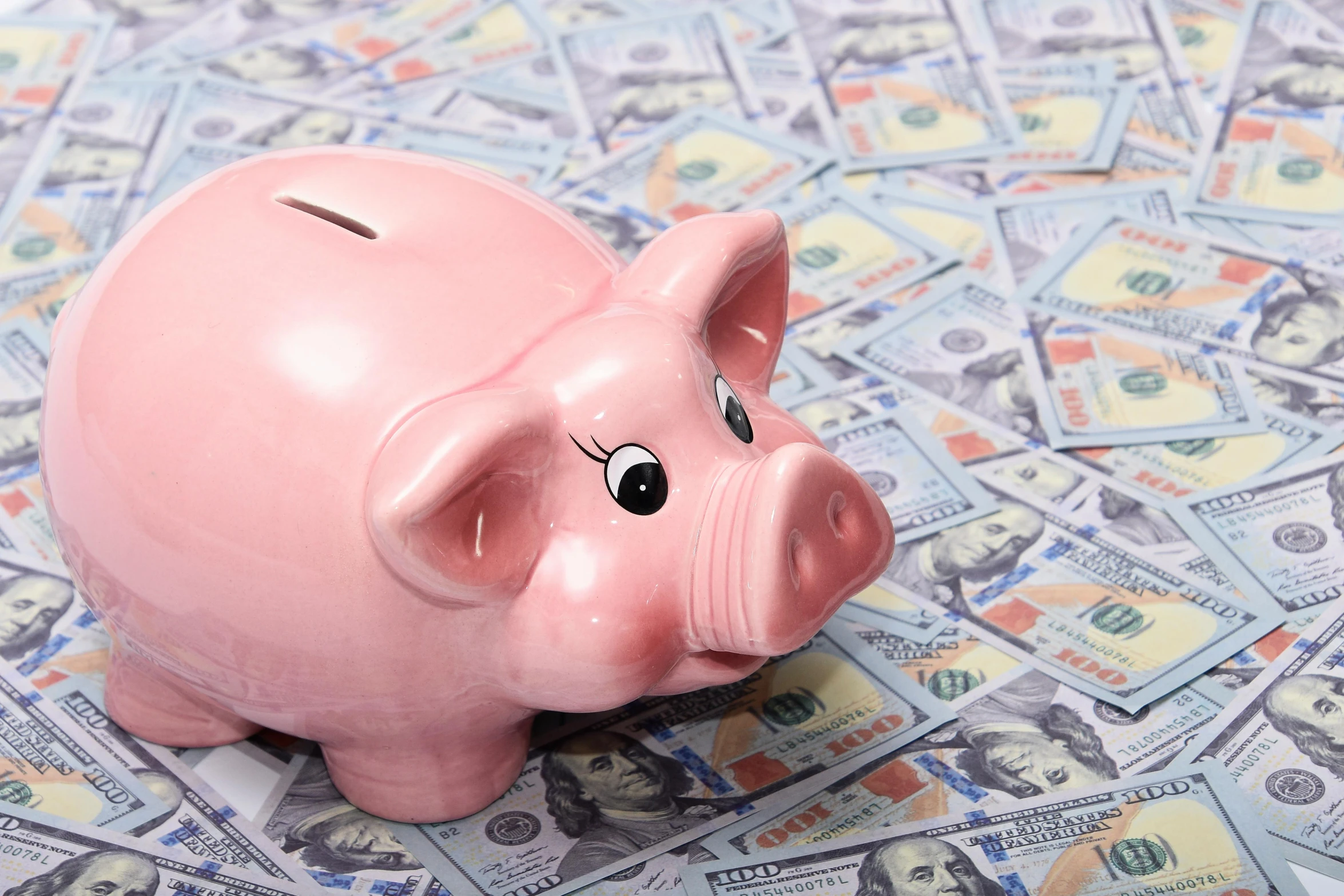 a pink piggy bank sitting on top of a pile of money, instagram post, hi-res, bl, offset