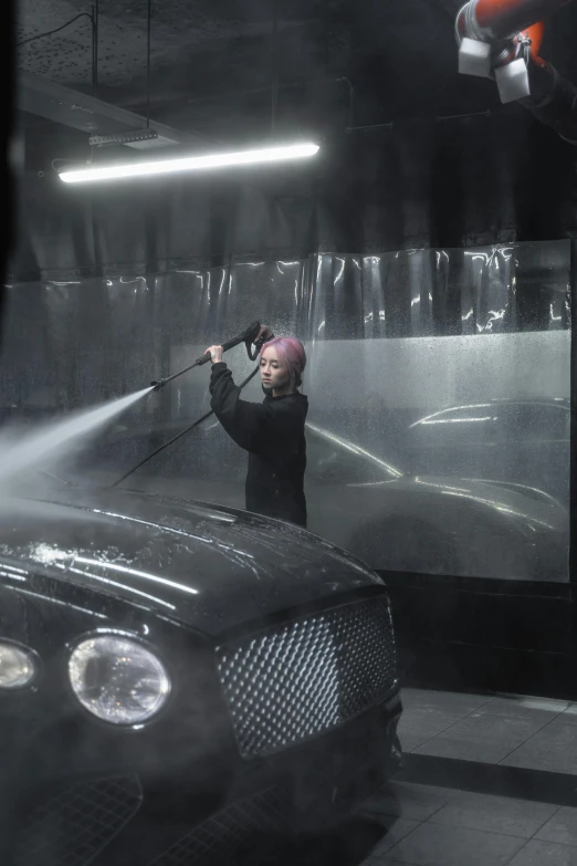 a woman washing a car in a garage, by An Gyeon, pexels contest winner, hyperrealism, bentley, trippie redd, transparent black windshield, steamy