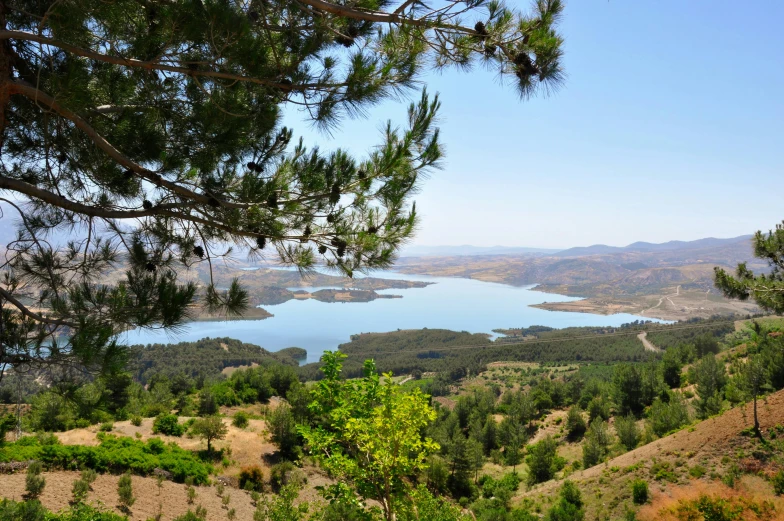 a view of a lake from the top of a hill, hurufiyya, in spain, fan favorite, shallan davar, trees around