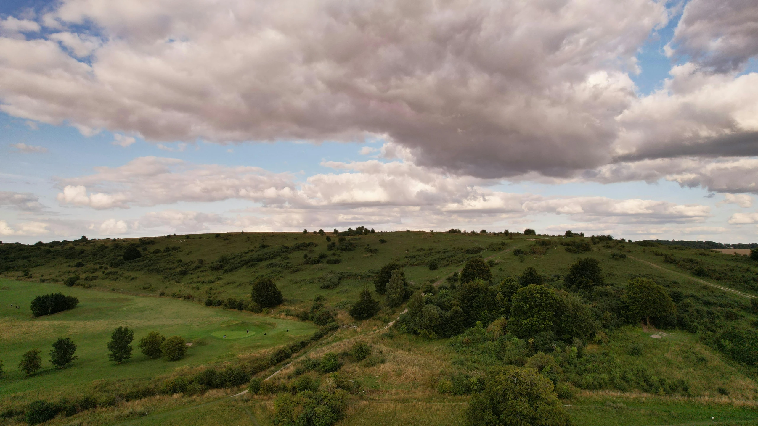 a herd of sheep grazing on top of a lush green hillside, by Peter Churcher, land art, panorama view of the sky, madgwick, drone photograpghy, overcast dusk