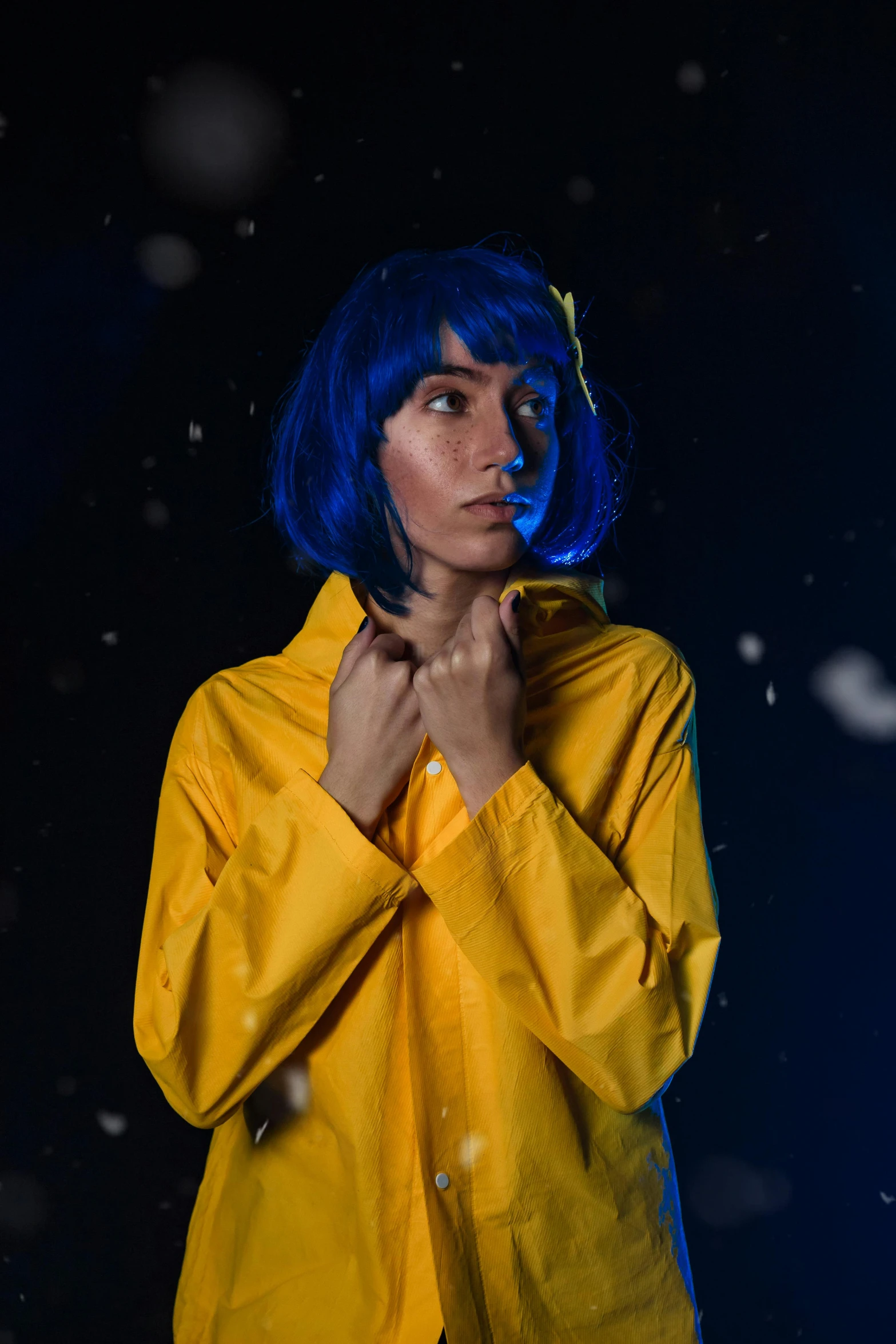 a woman with blue hair wearing a yellow raincoat, inspired by Leng Mei, unsplash, anime style”, ( ( theatrical ) ), show, indigo