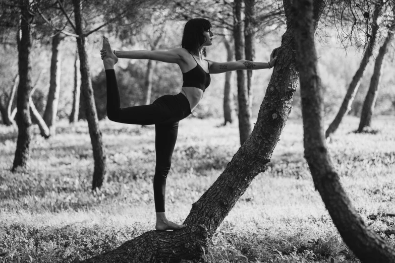 a black and white photo of a woman doing yoga, arabesque, in the wood, arrendajo in avila pinewood, cottagecore!! fitness body, on a branch