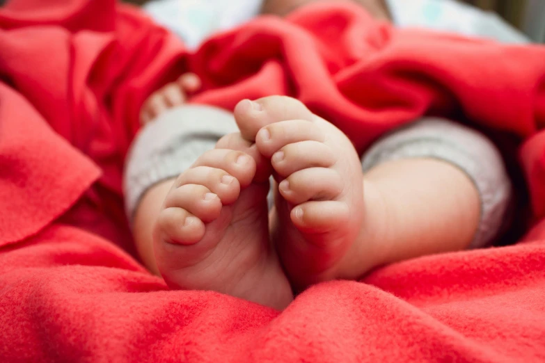 a close up of a baby's feet under a red blanket, by Helen Stevenson, pexels, high quality upload, instagram post, 1 2 9 7, panels