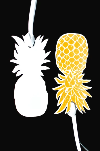 a pineapple and a pineapple on a black background, by Allen Jones, graffiti, tissue ornament, white finish, hanging, diecut
