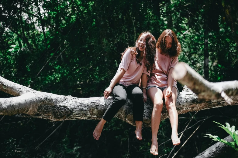 two women sitting on a tree branch in the woods, pexels contest winner, happy friend, avatar image, lifestyle, low colour