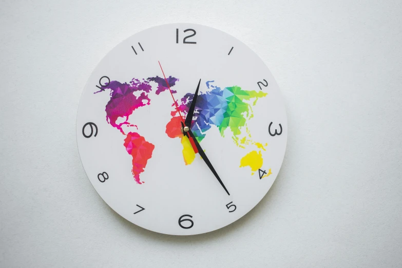 a clock with a map of the world painted on it, inspired by Okuda Gensō, trending on pexels, on white background, flat, 8 x, two