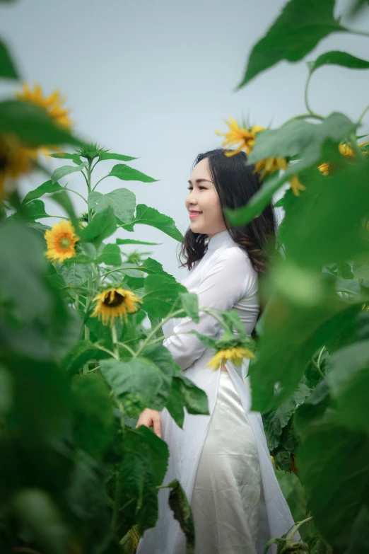 a woman standing in a field of sunflowers, inspired by Ruth Jên, happening, ao dai, white, grey, low quality photo