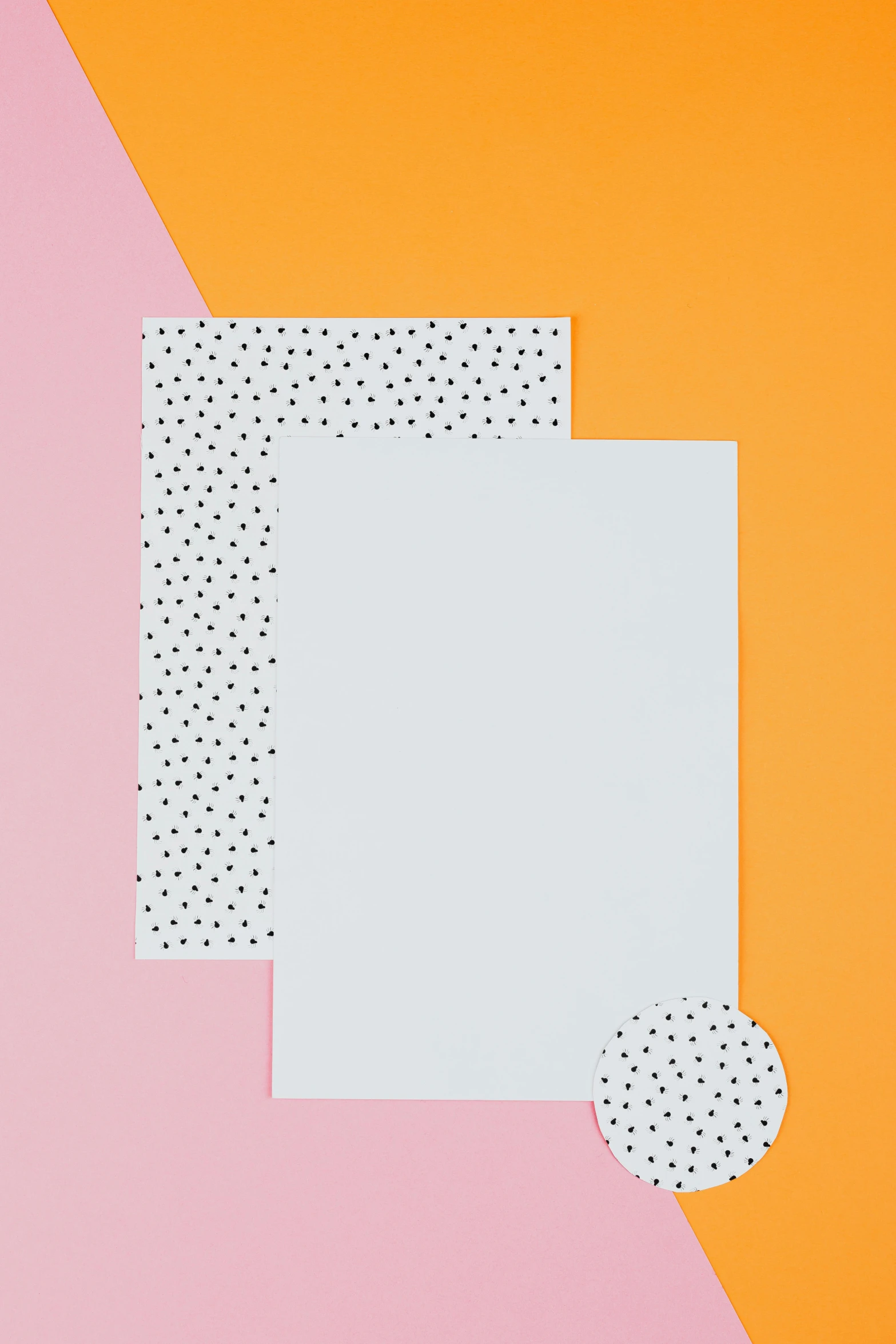 a white square on an orange and pink background, a screenprint, trending on unsplash, black dots, sheet of paper, 3 - piece, card template