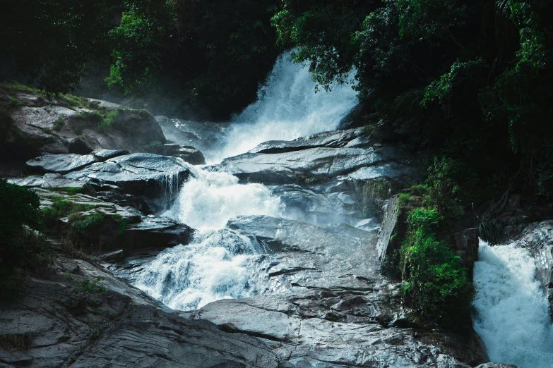 a waterfall in the middle of a lush green forest, an album cover, pexels contest winner, hurufiyya, sri lanka, thumbnail, white water rapids, [ cinematic