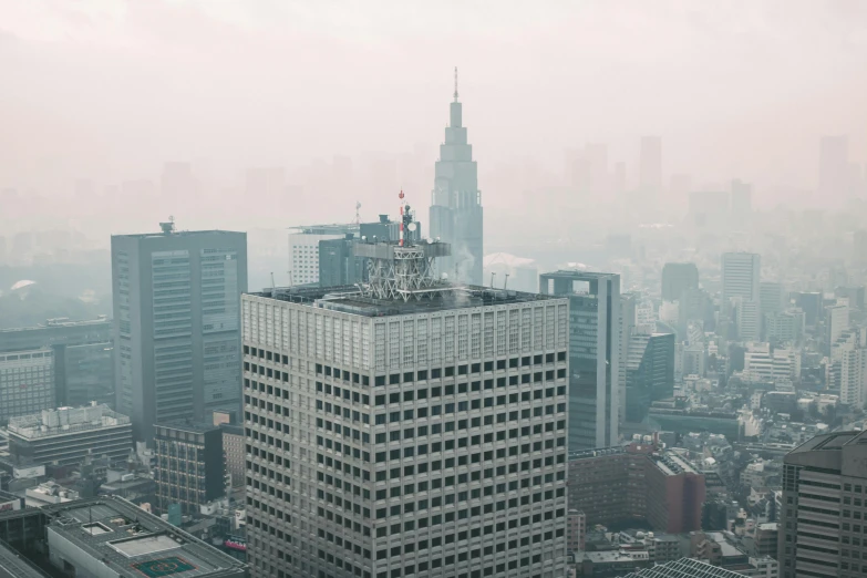 a view of a city from the top of a building, by Adam Marczyński, unsplash contest winner, brutalism, very hazy, square enix, european japanese buildings, high resolution print :1 cmyk :1