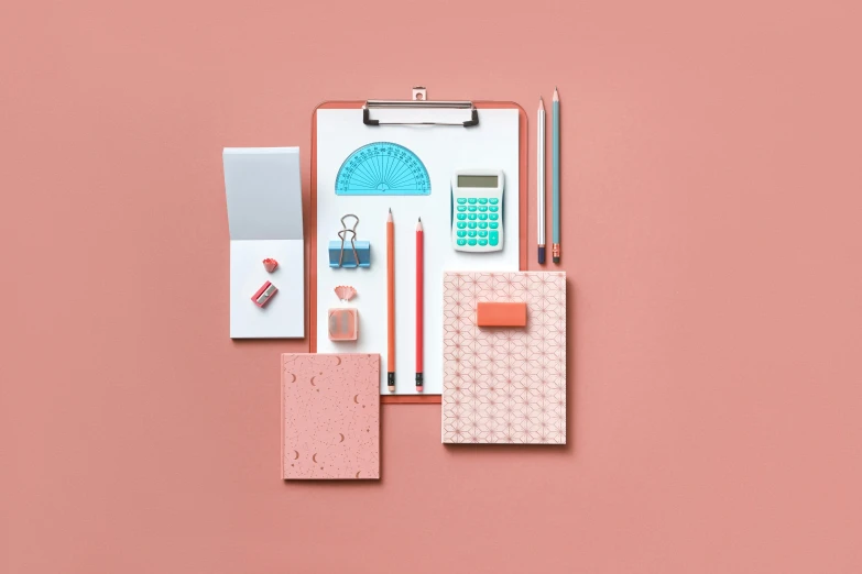 a clipboard with a calculator, pencils and other office supplies, by Daniel Gelon, aestheticism, coral red, nordic pastel colors, solid colours material, teal and pink