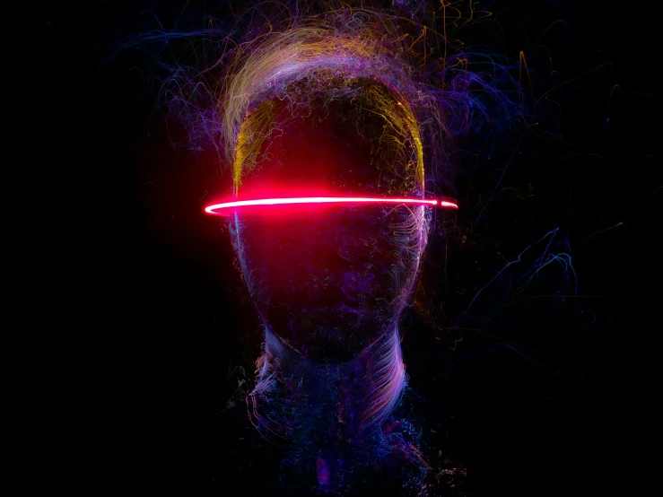 a man with a red light on his head, an album cover, by Adam Marczyński, pexels contest winner, holography, neon wires, oled visor over eyes, head shot, brainbow
