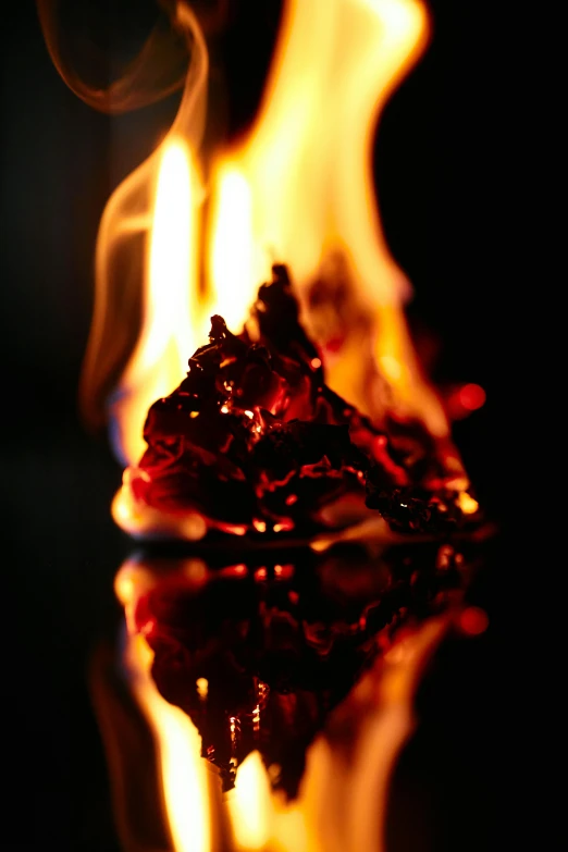 a pile of pine cones sitting on top of a fire, an album cover, pexels, process art, red flames, smothered in melted chocolate, profile image, fire reflection