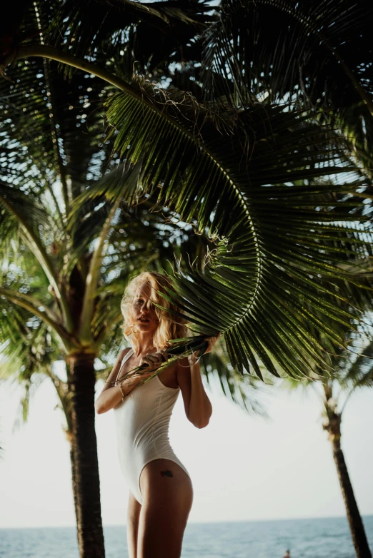 a woman standing on a beach next to palm trees, wearing white leotard, lush greenery, blonde, in a tree