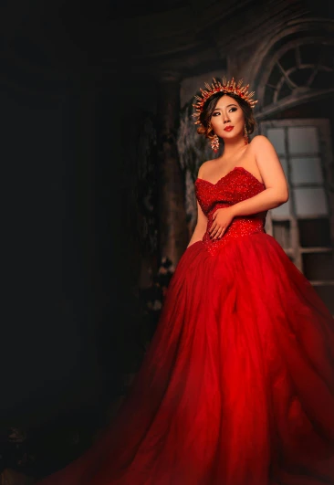 a woman in a red dress posing for a picture, an album cover, by Natasha Tan, pexels contest winner, baroque, beautiful mexican woman, square, nigth, coronation