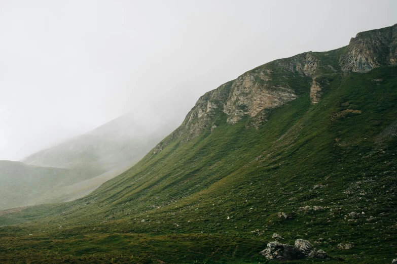 a herd of sheep grazing on top of a lush green hillside, by Emma Andijewska, pexels contest winner, thick fog, rocky cliffs, minimalist photo, view from the ground