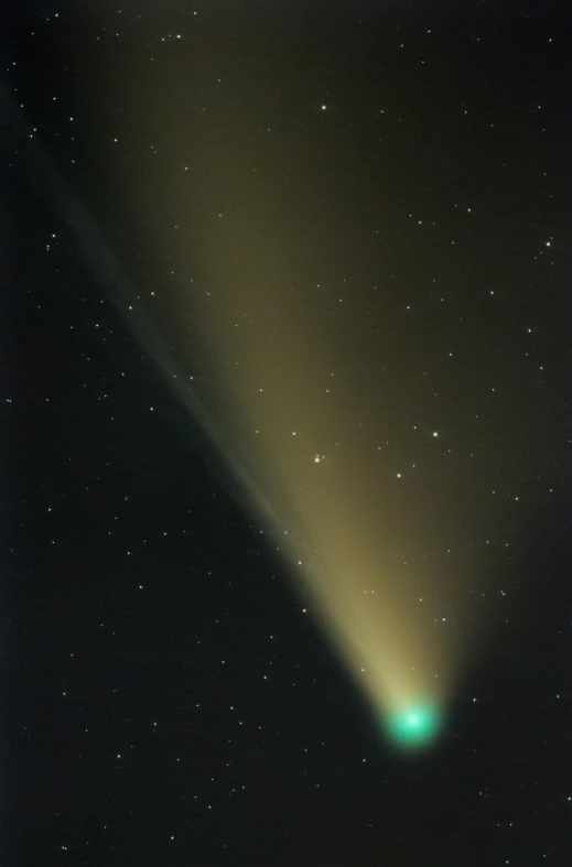 a bright green light shines in the dark sky, by Dennis Ashbaugh, light and space, comet, yellow volumetric fog, teal color graded, il