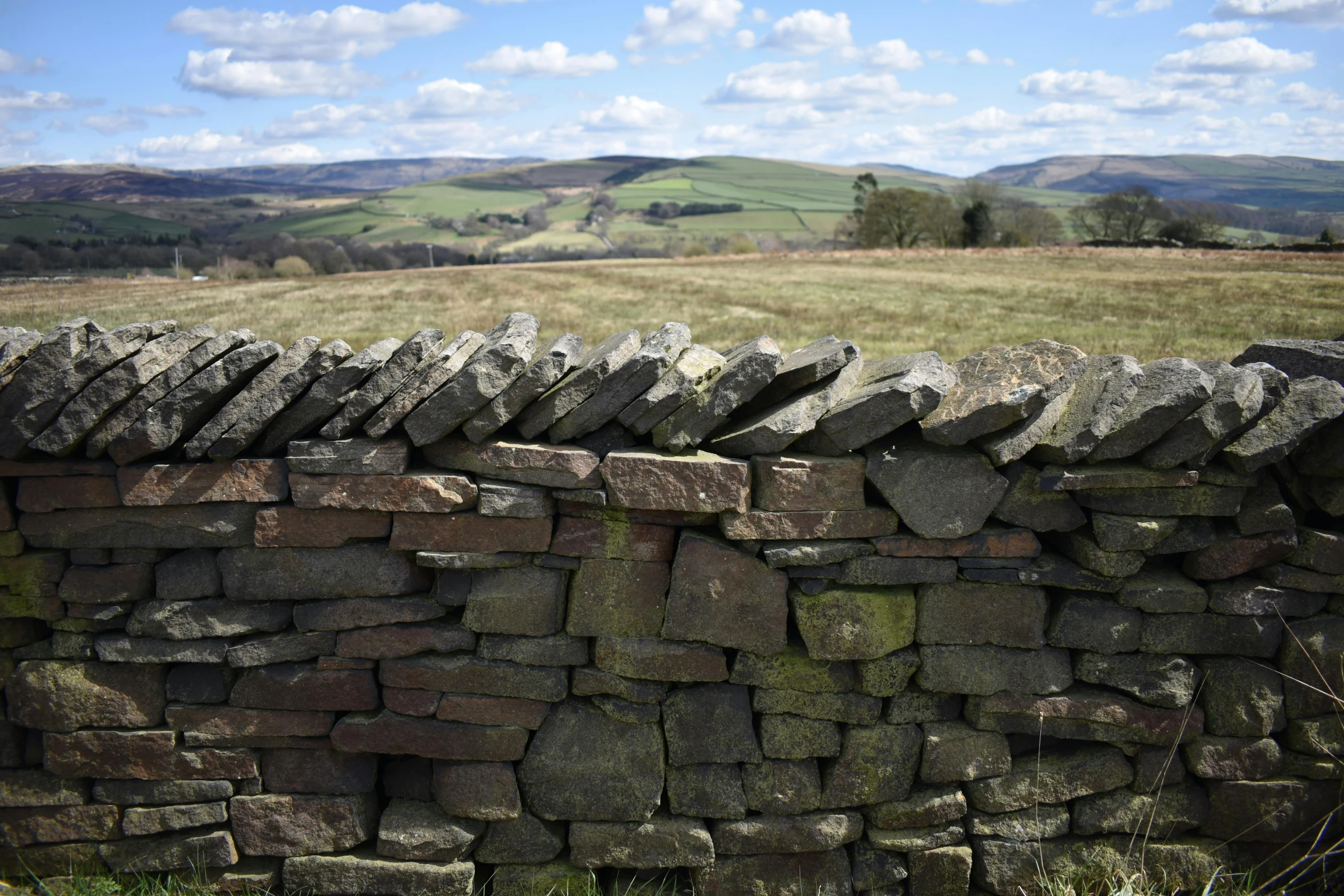 a stone wall in the middle of a field, inspired by Peter Brook, pexels contest winner, land art, hills in the background, slate, looking across the shoulder, brown