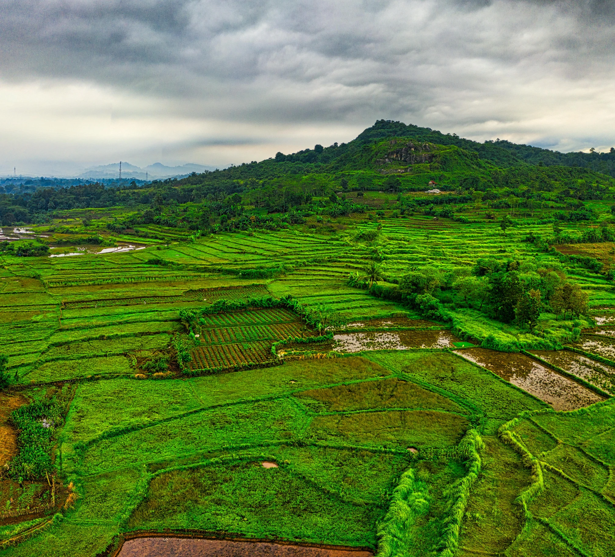 a green field with a mountain in the background, pexels contest winner, sumatraism, panorama of crooked ancient city, farms, overcast mood, drone photograpghy