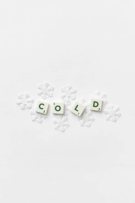 the word cold spelled in scrabbles on a white background, by Chris Cold, trending on pexels, conceptual art, snowflakes, emerald, creamy, album art